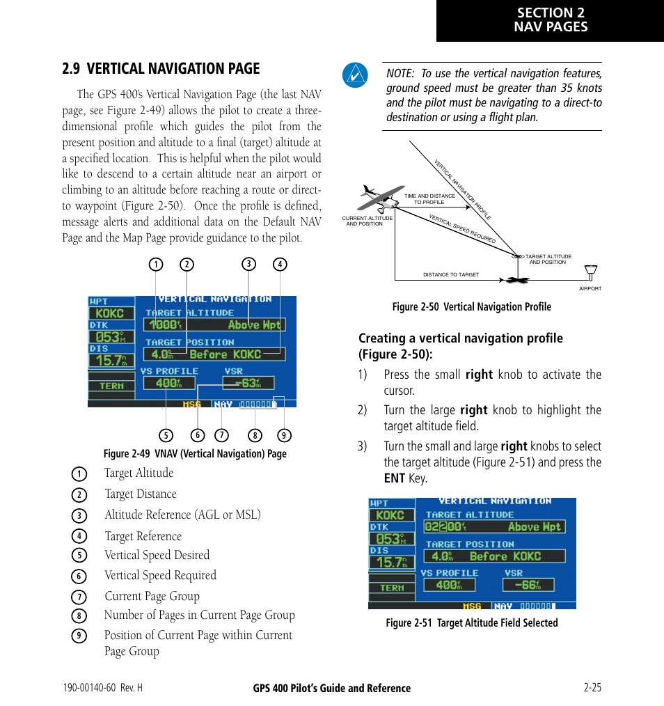 9 vertical navigation page, Target altitude, Target distance | Altitude reference (agl or msl), Target reference, Vertical speed desired, Vertical speed required, Current page group, Number of pages in current page group, Position of current page within current | Garmin GPS 400 User Manual | Page 51 / 244