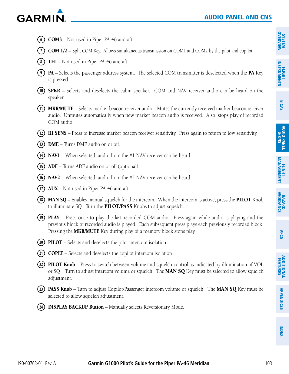 Audio panel and cns | Garmin G1000 Piper PA-46 Meridian User Manual | Page 117 / 572
