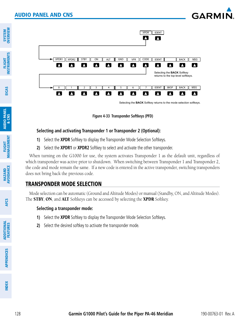 Transponder mode selection, Audio panel and cns | Garmin G1000 Piper PA-46 Meridian User Manual | Page 142 / 572