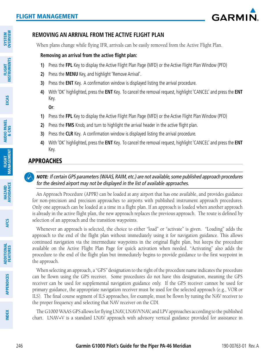 Approaches, Flight management, Removing an arrival from the active flight plan | Garmin G1000 Piper PA-46 Meridian User Manual | Page 260 / 572