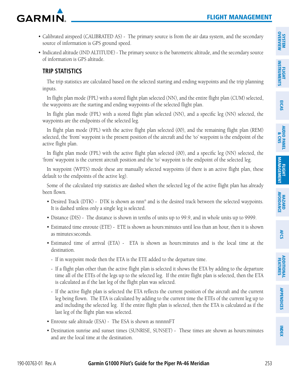 Flight management, Trip statistics | Garmin G1000 Piper PA-46 Meridian User Manual | Page 267 / 572