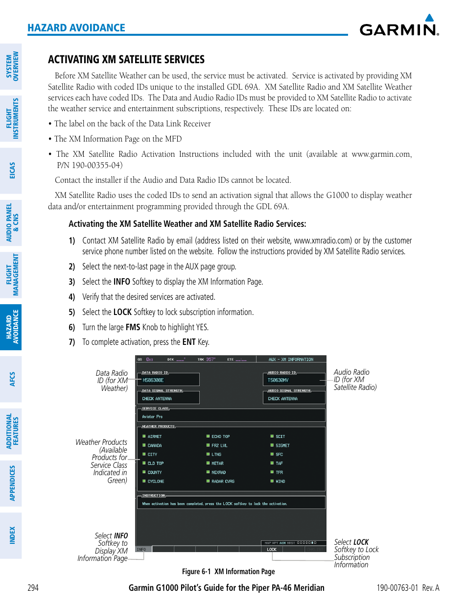 Activating xm satellite services, Hazard avoidance | Garmin G1000 Piper PA-46 Meridian User Manual | Page 308 / 572