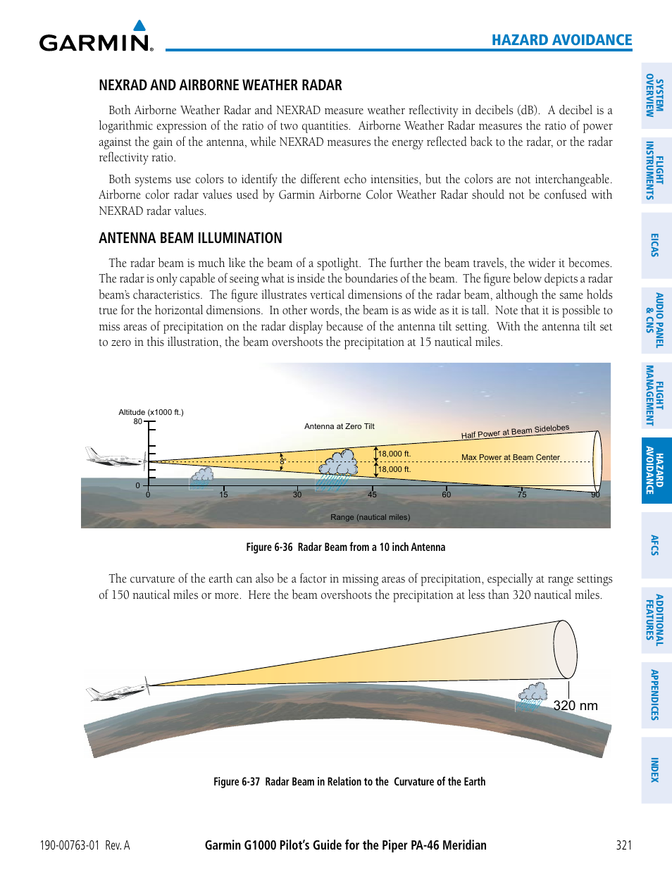 Hazard avoidance, Nexrad and airborne weather radar, Antenna beam illumination | 320 nm | Garmin G1000 Piper PA-46 Meridian User Manual | Page 335 / 572