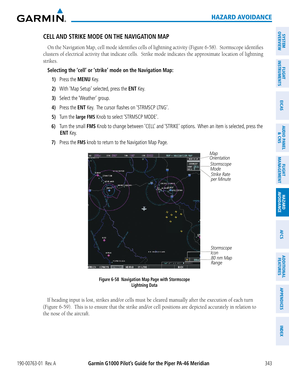 Hazard avoidance, Cell and strike mode on the navigation map | Garmin G1000 Piper PA-46 Meridian User Manual | Page 357 / 572