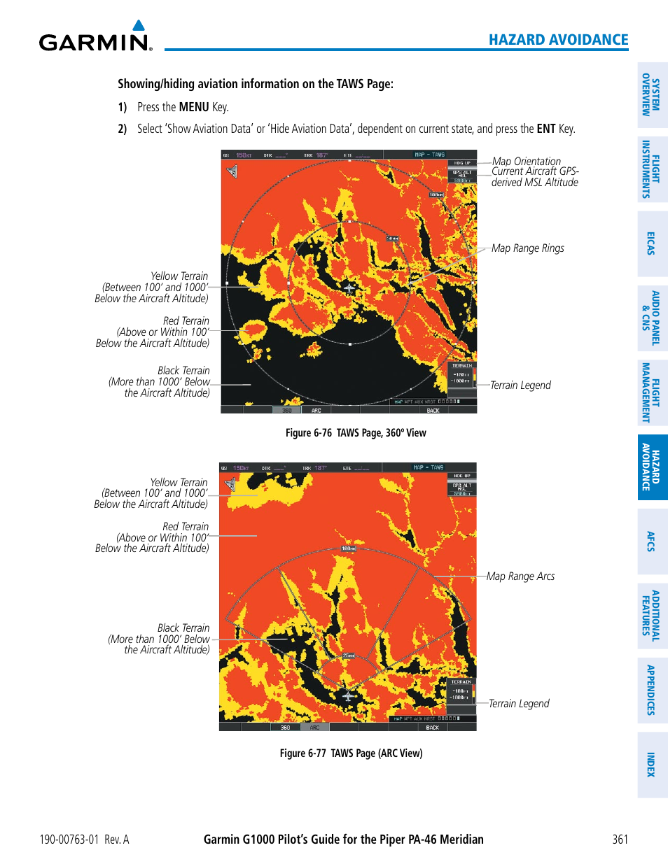 Hazard avoidance | Garmin G1000 Piper PA-46 Meridian User Manual | Page 375 / 572