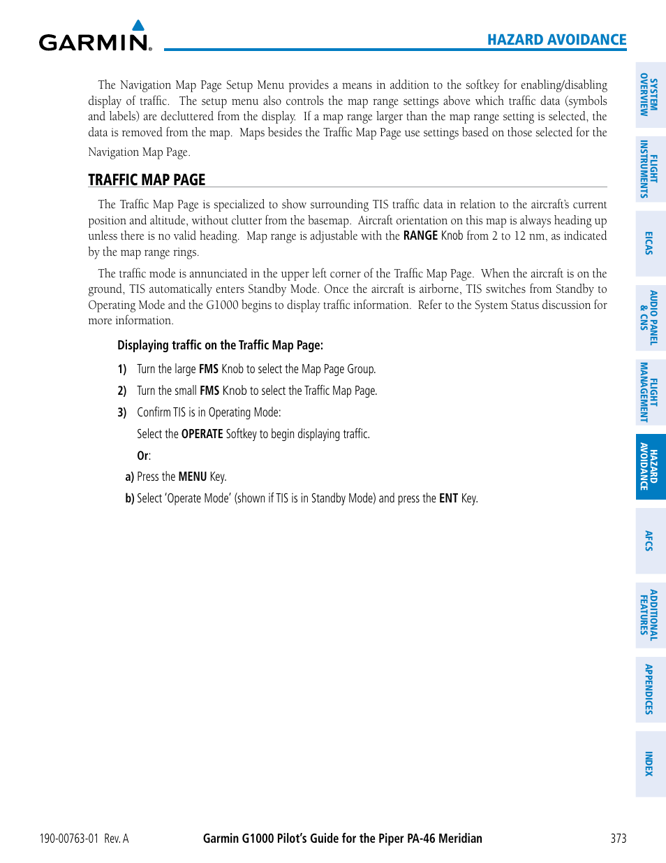 Traffic map page, Hazard avoidance | Garmin G1000 Piper PA-46 Meridian User Manual | Page 387 / 572