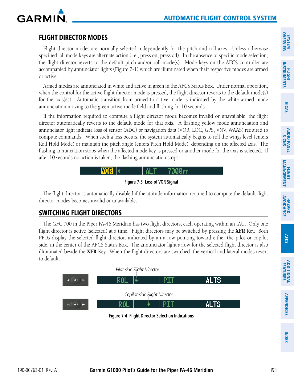 Flight director modes, Switching flight directors, Automatic flight control system | Garmin G1000 Piper PA-46 Meridian User Manual | Page 407 / 572