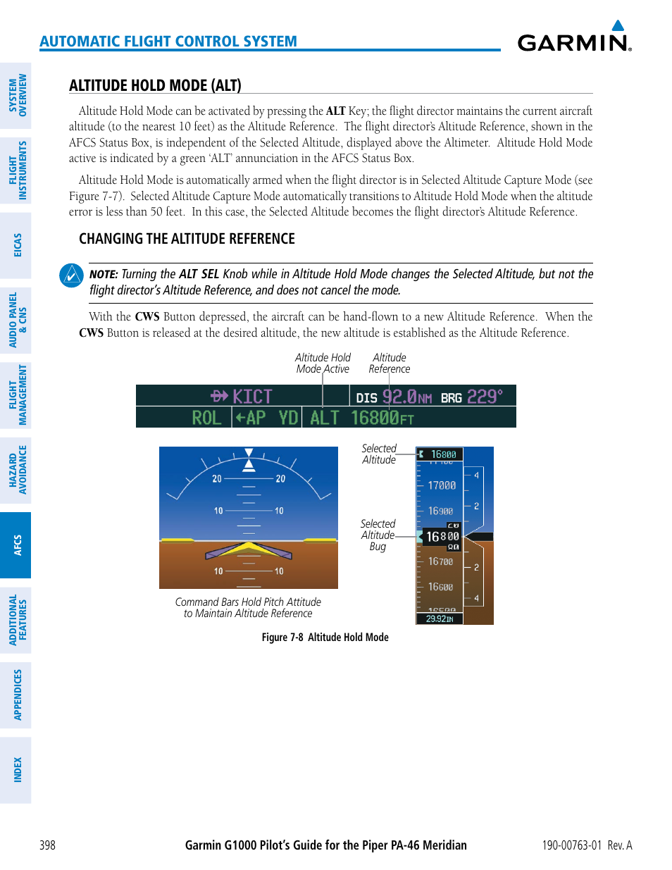 Altitude hold mode (alt), Automatic flight control system, Changing the altitude reference | Garmin G1000 Piper PA-46 Meridian User Manual | Page 412 / 572