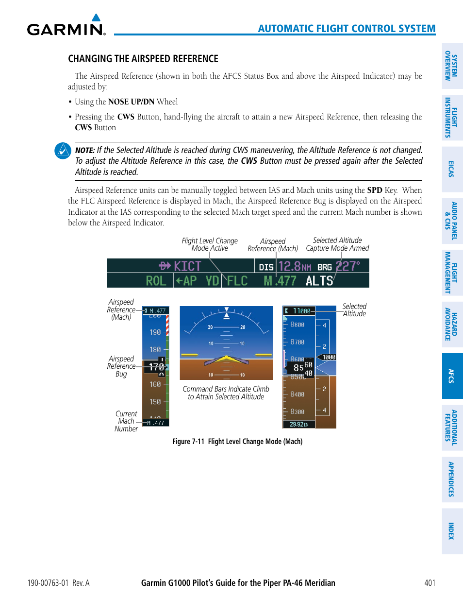 Automatic flight control system, Changing the airspeed reference | Garmin G1000 Piper PA-46 Meridian User Manual | Page 415 / 572