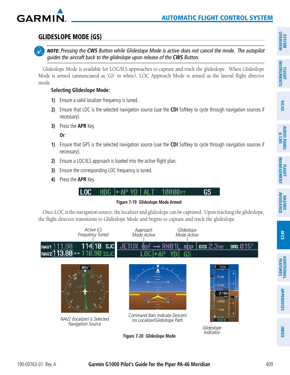 Glideslope mode (gs), Automatic flight control system | Garmin G1000 Piper PA-46 Meridian User Manual | Page 423 / 572