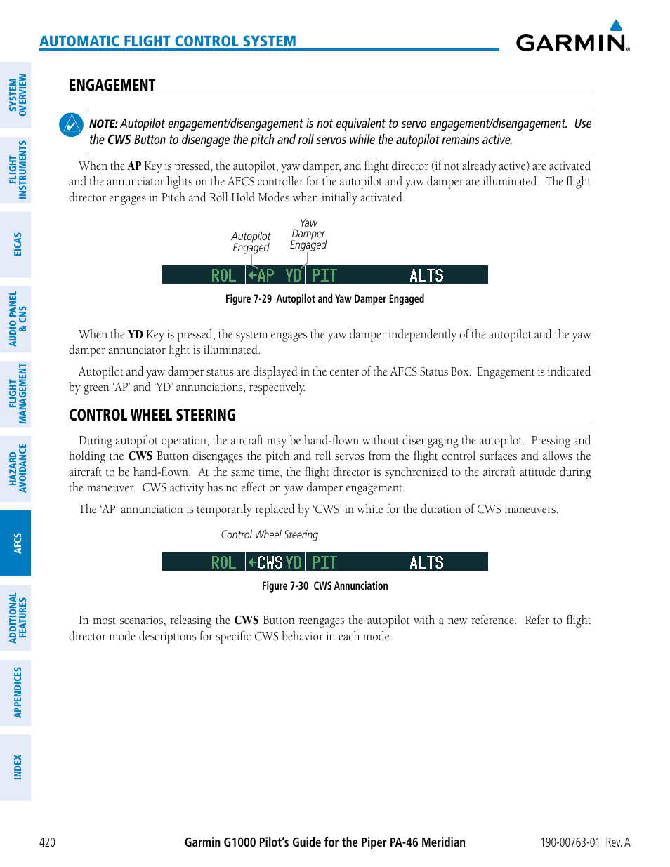 Engagement, Control wheel steering, Automatic flight control system | Garmin G1000 Piper PA-46 Meridian User Manual | Page 434 / 572