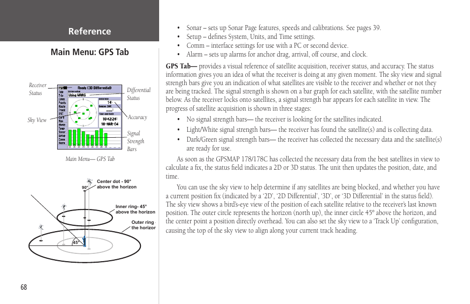 Main menu: gps tab, Gps tab, Reference main menu: gps tab | Garmin GPSMAP 178C Sounder User Manual | Page 78 / 134