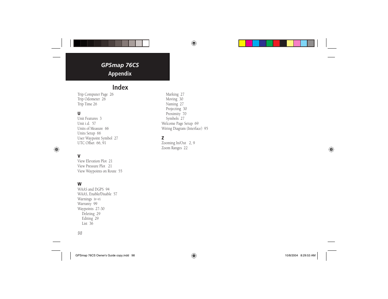 Index, Gpsmap 76cs, Appendix | Garmin GPSMAP 76CS User Manual | Page 108 / 110