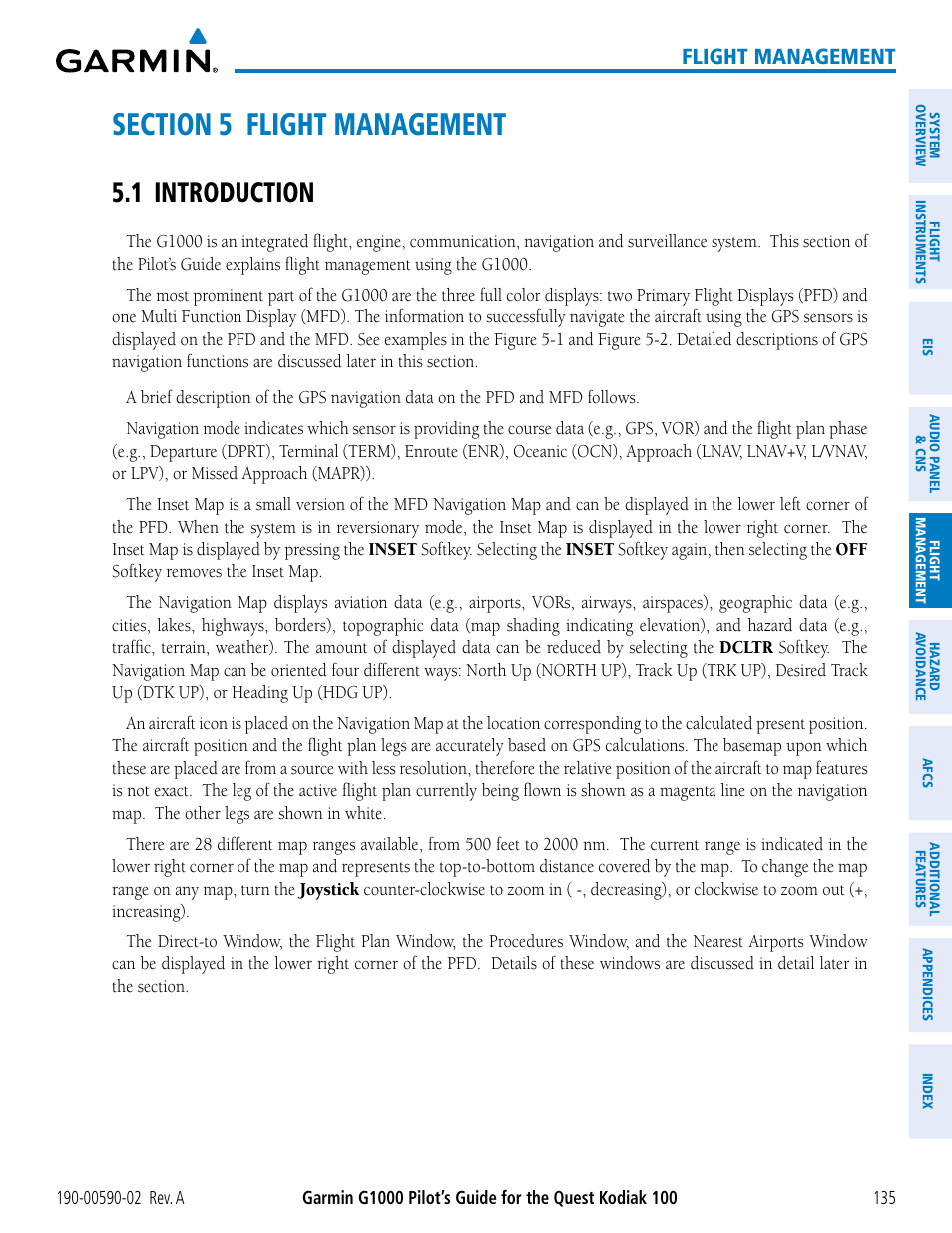 Section 5 flight management, 1 introduction, Flight management | Garmin G1000 Quest Kodiak User Manual | Page 147 / 500