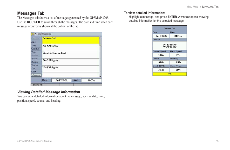 Messages tab, Viewing detailed message information | Garmin GPSMAP 3205 User Manual | Page 63 / 126