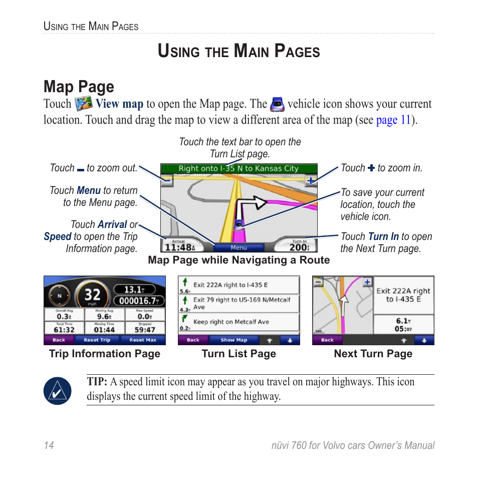Map page | Garmin nuvi 760 for Volvo cars User Manual | Page 20 / 56
