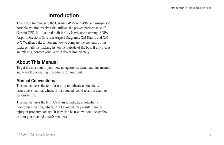 Introduction, About this manual | Garmin GPSMAP 496 User Manual | Page 3 / 194