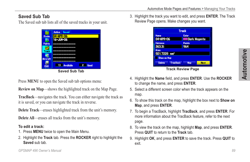 Automotive | Garmin GPSMAP 496 User Manual | Page 97 / 194