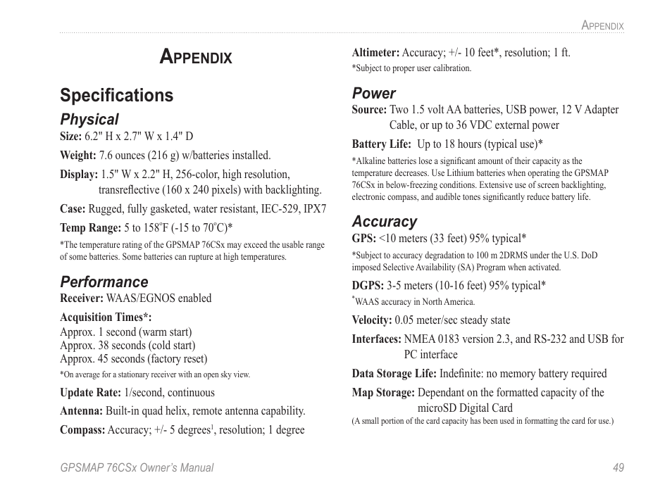 Appendix, Specifications, Ppendix | Physical, Performance, Power, Accuracy | Garmin GPSMAP 76CSx User Manual | Page 55 / 64