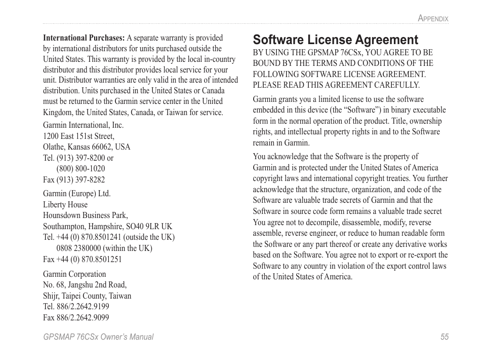 Software license agreement, Software license �greement | Garmin GPSMAP 76CSx User Manual | Page 61 / 64