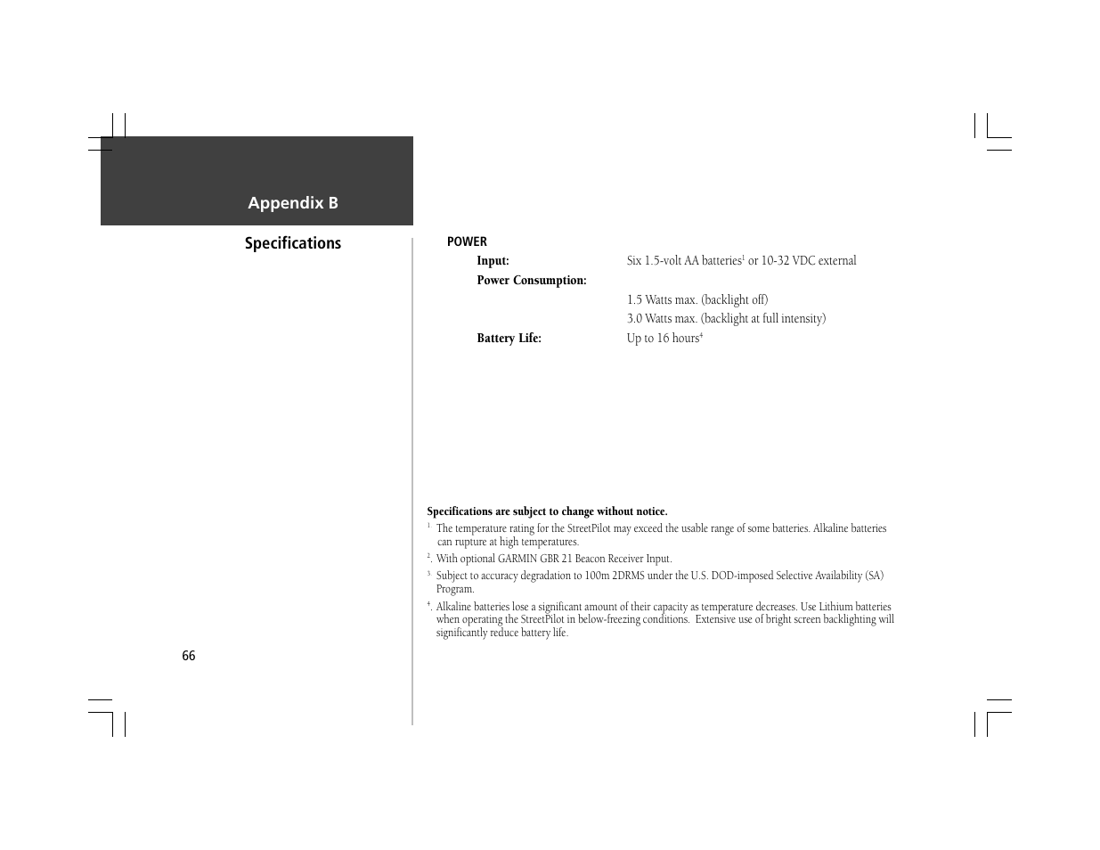 Specifications, Appendix b | Garmin StreetPilot User Manual | Page 76 / 88