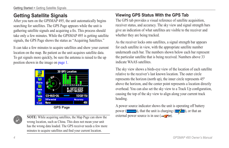 Getting satellite signals | Garmin GPSMAP 495 User Manual | Page 12 / 179