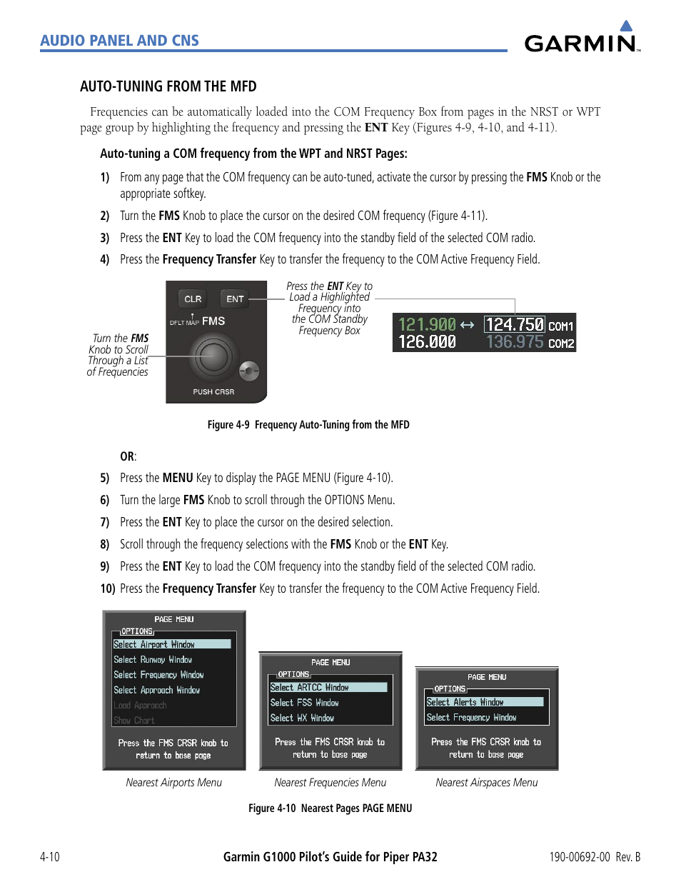 Audio panel and cns auto-tuning from the mfd | Garmin G1000 Piper PA32 User Manual | Page 104 / 450