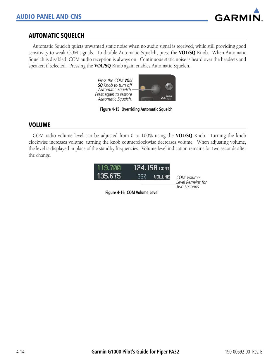 Automatic squelch, Volume | Garmin G1000 Piper PA32 User Manual | Page 108 / 450