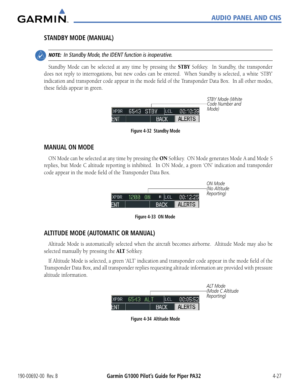 Audio panel and cns standby mode (manual), Manual on mode, Altitude mode (automatic or manual) | Garmin G1000 Piper PA32 User Manual | Page 121 / 450