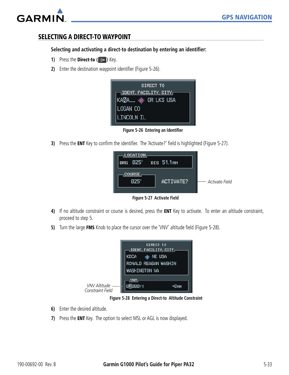 Selecting a direct-to waypoint | Garmin G1000 Piper PA32 User Manual | Page 167 / 450