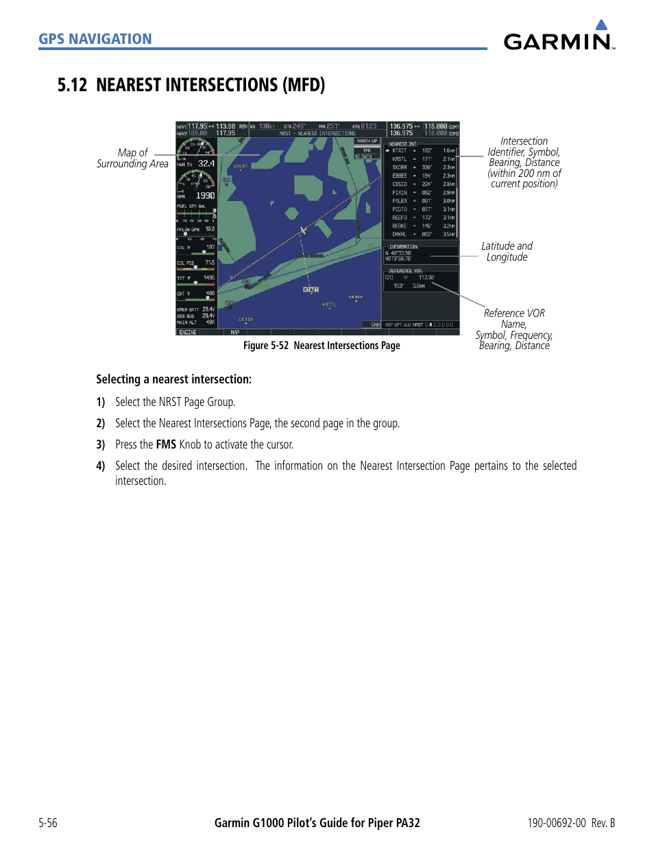12 nearest intersections (mfd), 12 nearest intersections (mfd) -56, Gps navigation | Garmin G1000 Piper PA32 User Manual | Page 190 / 450
