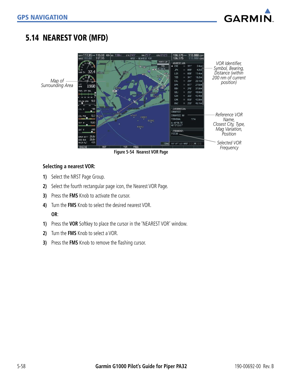 14 nearest vor (mfd), 14 nearest vor (mfd) -58, Gps navigation | Garmin G1000 Piper PA32 User Manual | Page 192 / 450