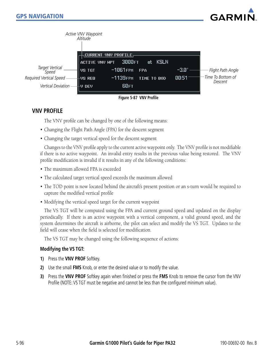 Gps navigation, Vnv profile | Garmin G1000 Piper PA32 User Manual | Page 230 / 450