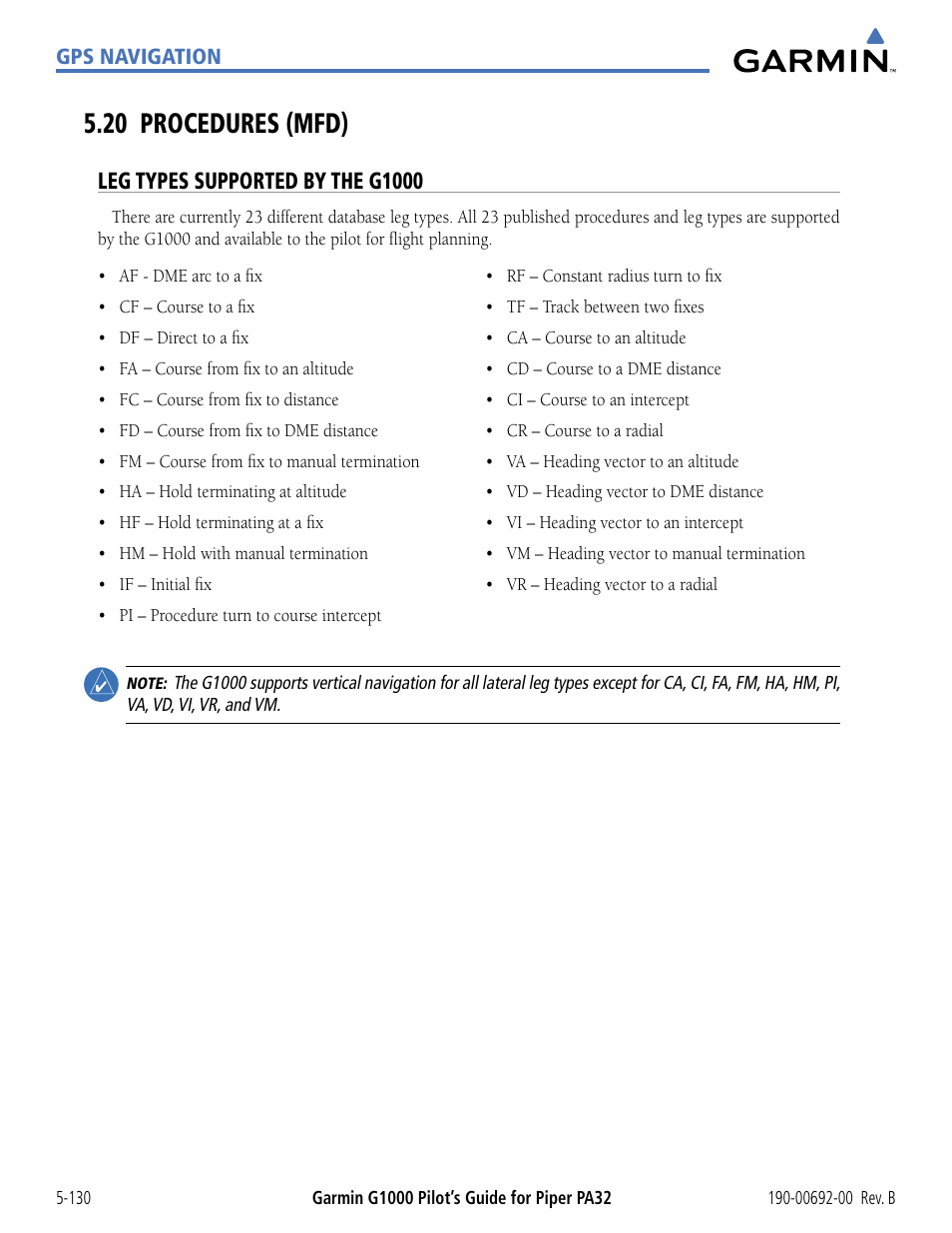 20 procedures (mfd), Leg types supported by the g1000, 20 procedures (mfd) -130 | Garmin G1000 Piper PA32 User Manual | Page 264 / 450