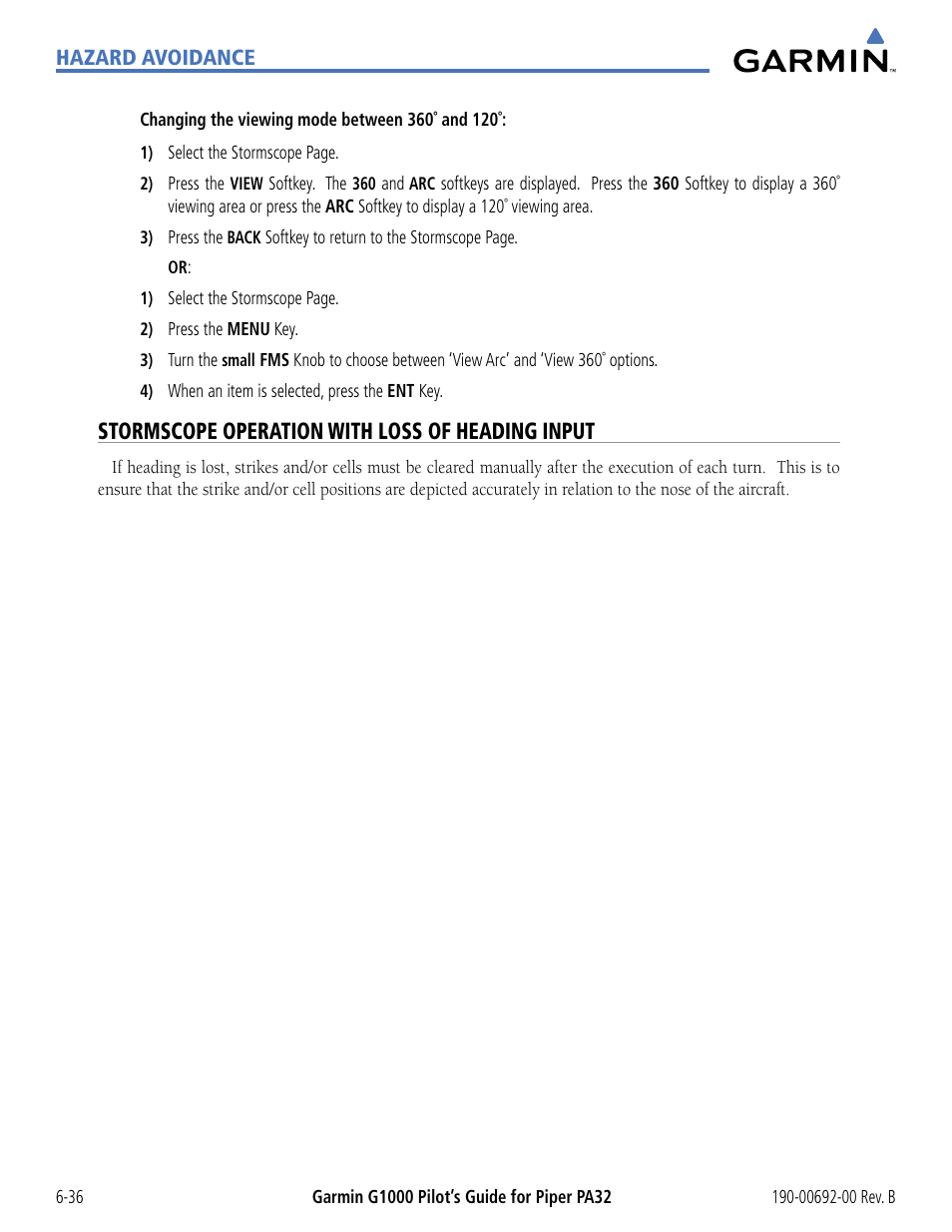 Stormscope operation with loss of heading input | Garmin G1000 Piper PA32 User Manual | Page 316 / 450