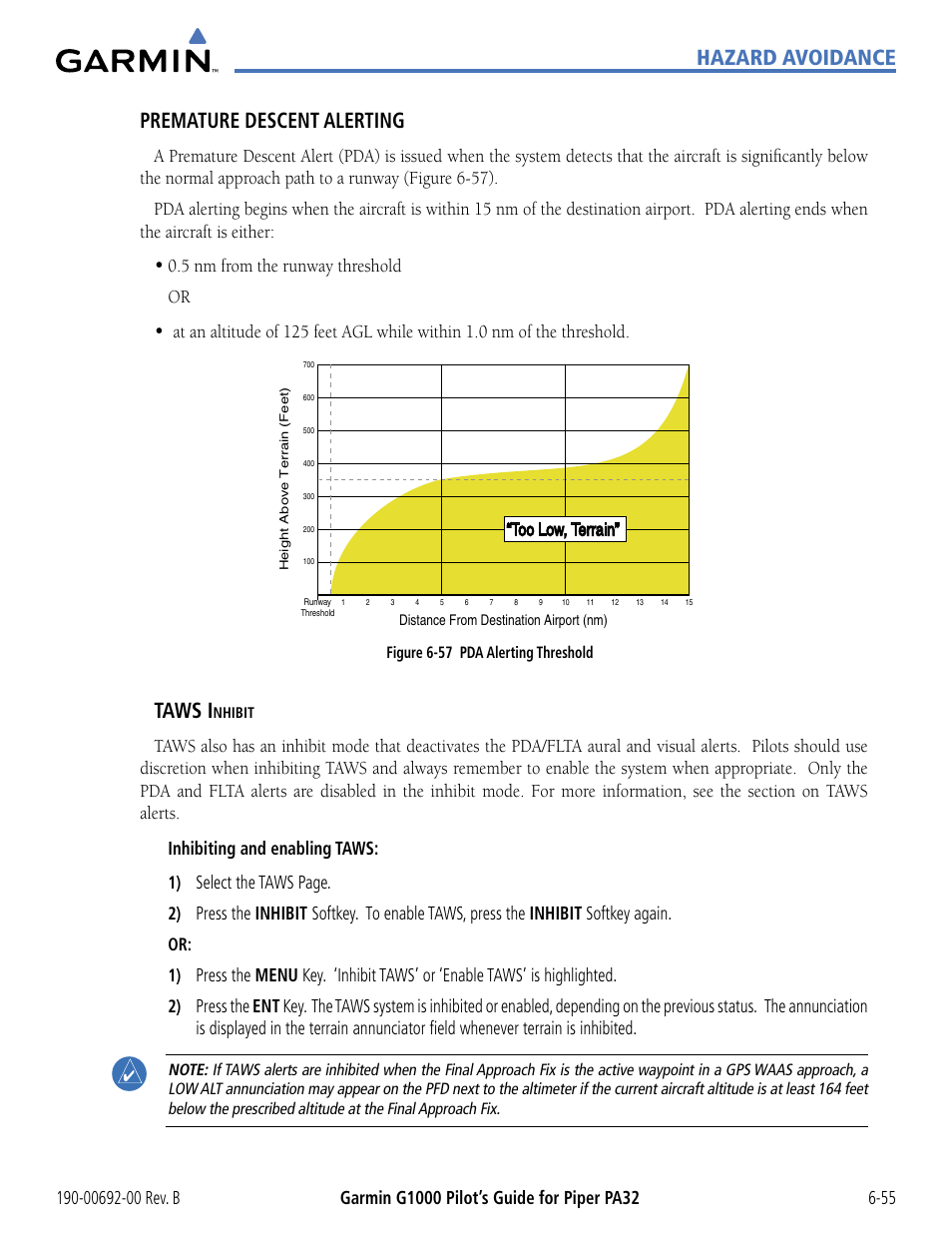 Hazard avoidance premature descent alerting, Taws i, 5 nm from the runway threshold or | Select the taws page | Garmin G1000 Piper PA32 User Manual | Page 335 / 450