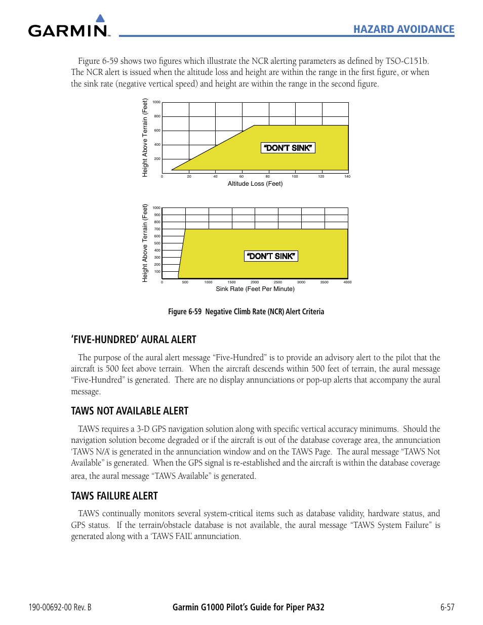 Hazard avoidance, Five-hundred’ aural alert, Taws not available alert | Taws failure alert | Garmin G1000 Piper PA32 User Manual | Page 337 / 450
