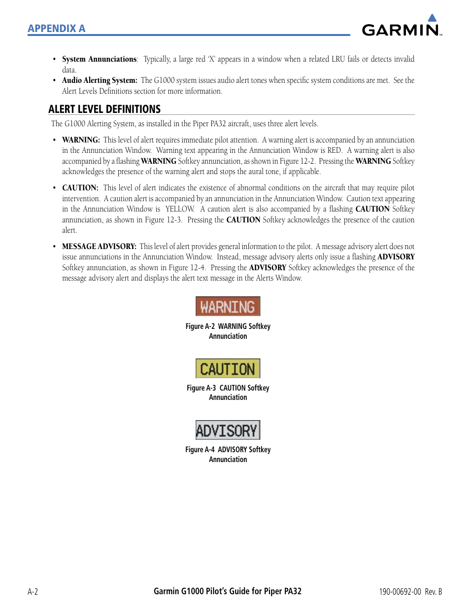 Alert level definitions, Alert level deﬁnitions, Appendix a | Garmin G1000 Piper PA32 User Manual | Page 408 / 450