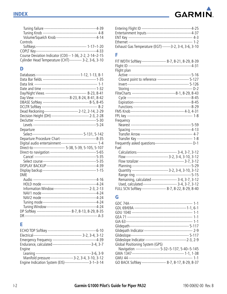 Index | Garmin G1000 Piper PA32 User Manual | Page 446 / 450