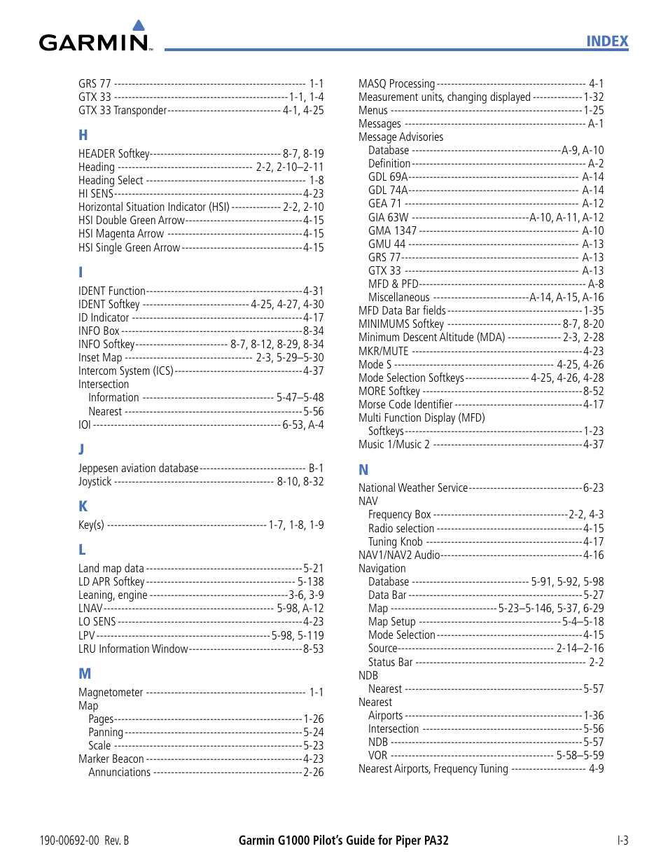 Index | Garmin G1000 Piper PA32 User Manual | Page 447 / 450