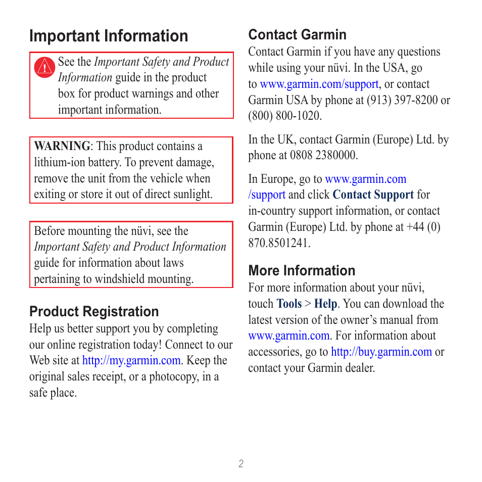 Important information | Garmin nuvi 500 User Manual | Page 2 / 8