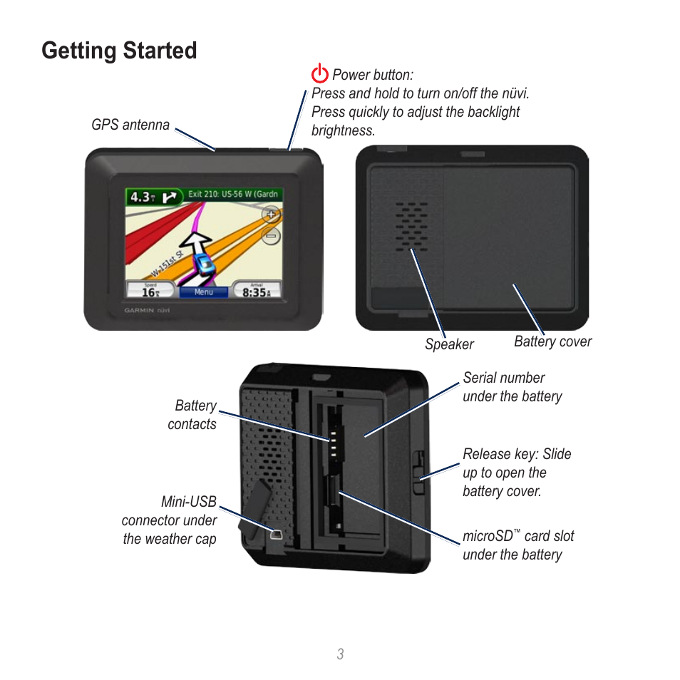 Getting started | Garmin nuvi 500 User Manual | Page 3 / 8