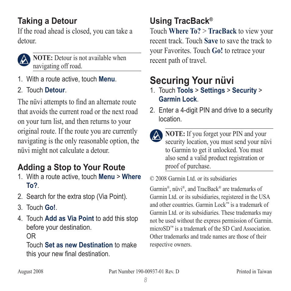 Securing your nüvi, Taking a detour, Adding a stop to your route | Using tracback | Garmin nuvi 500 User Manual | Page 8 / 8