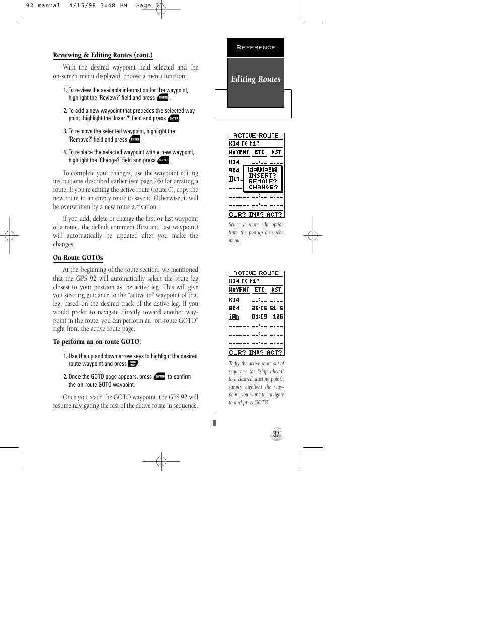 Editing routes | Garmin GPS 92 User Manual | Page 43 / 84
