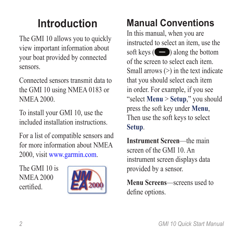 Introduction, Manual conventions | Garmin GMI 20 User Manual | Page 2 / 20