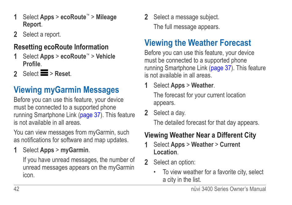 Viewing mygarmin messages, Viewing the weather forecast | Garmin nuvi 3490 for Volvo Cars User Manual | Page 48 / 89