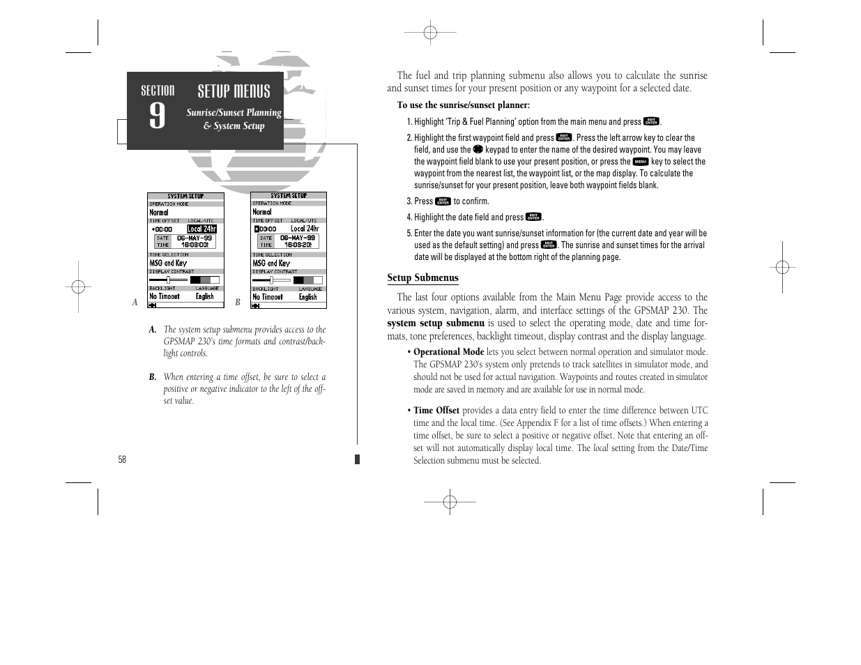 Setup menus | Garmin GPSMAP 230 User Manual | Page 70 / 96