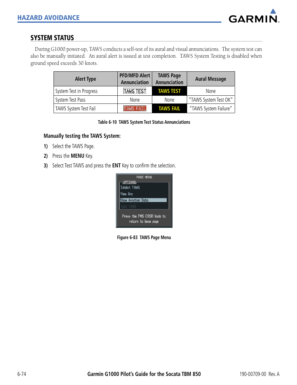 System status, Hazard avoidance | Garmin G1000 Socata TBM 850 User Manual | Page 374 / 542