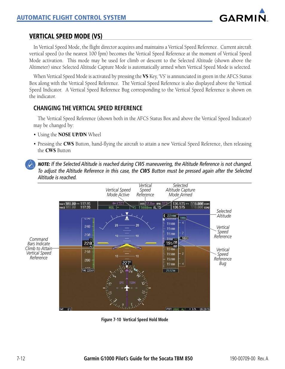 Vertical speed mode (vs), Automatic flight control system, Changing the vertical speed reference | Garmin G1000 Socata TBM 850 User Manual | Page 396 / 542