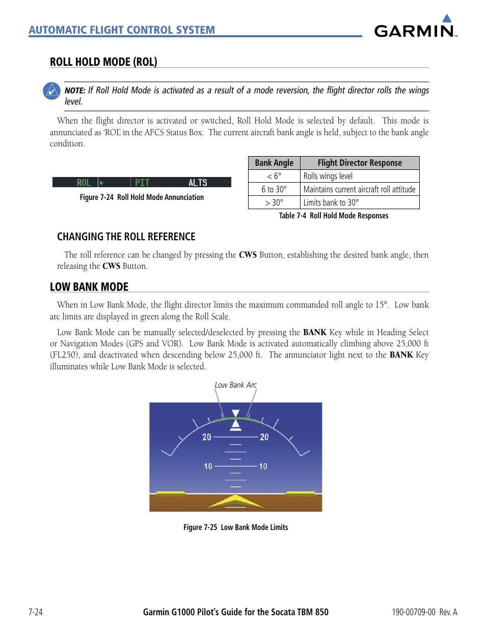 Roll hold mode (rol), Low bank mode | Garmin G1000 Socata TBM 850 User Manual | Page 408 / 542
